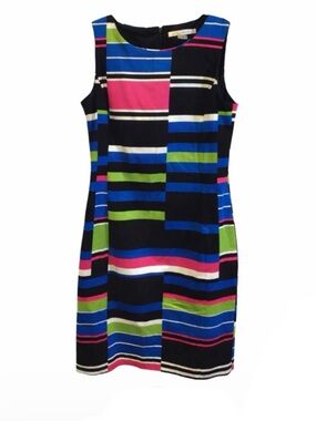 Peter Nygard Black Sleeveless Midi Dress with Pink, Blue & Green Stripes- Size 6